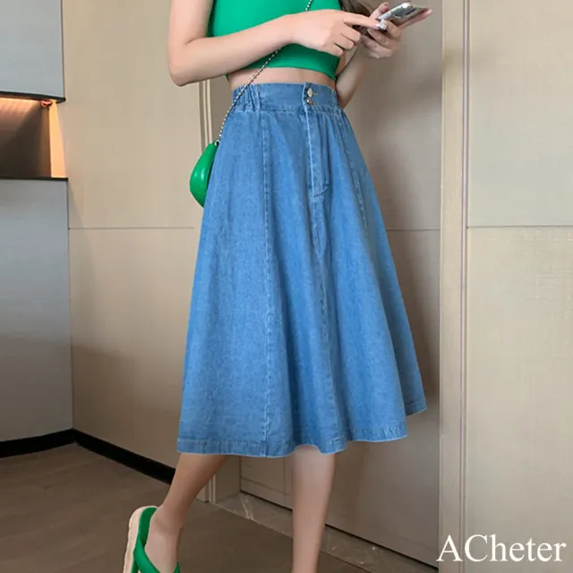 【ACheter】棉牛仔半身裙春夏百褶高腰薄款A字中長版裙子#118224(藍)