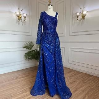 【女神婚紗禮服】極致輕奢單肩開叉魚尾宴會晚禮服 LA71527 藍色(晚宴服 聚會禮服)