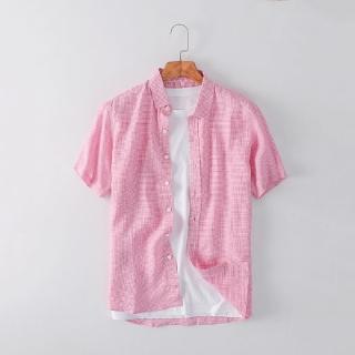 【米蘭精品】現貨+預購 亞麻襯衫短袖上衣(寬鬆粉色格子休閒男上衣74ev14)
