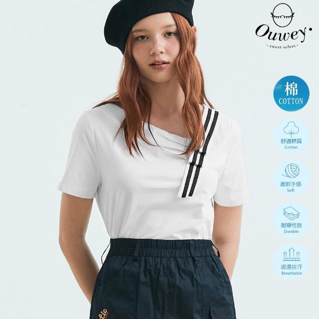 【OUWEY 歐薇】斜切造型織帶領棉質上衣(白色；S-L；3232321260)