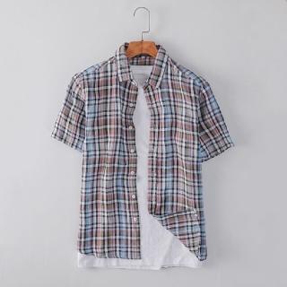 【米蘭精品】現貨+預購 亞麻襯衫短袖上衣(休閒格子舒適透氣男上衣74ev24)