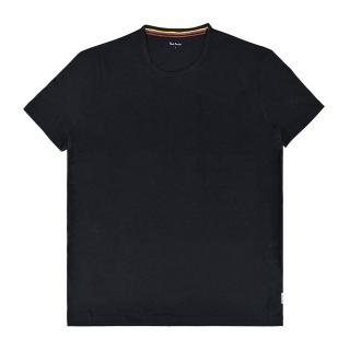 【Paul Smith】PAUL SMITH白字草寫LOGO後領彩色條紋純棉圓領短袖T恤(男款/黑)