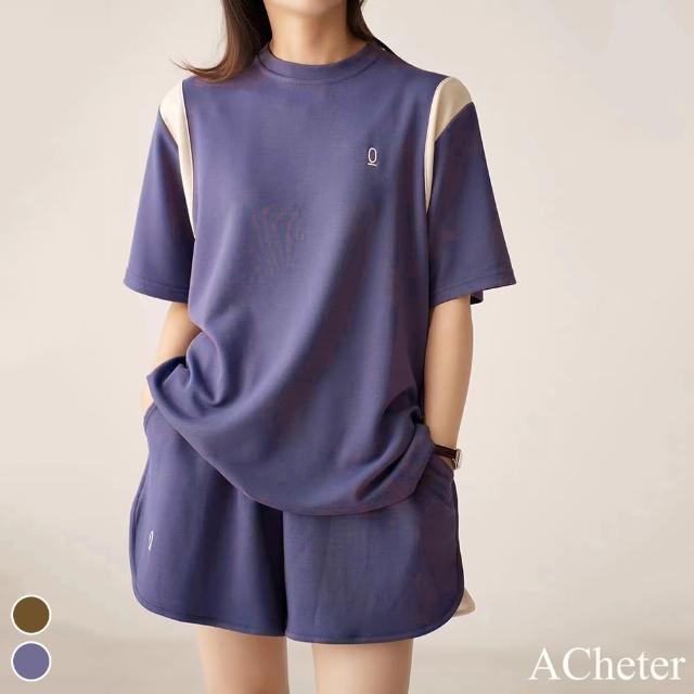 【ACheter】圓領拼色圓領短袖中長版上衣+彈力高腰五分寬鬆短褲2件式套裝#118297(紫/咖)