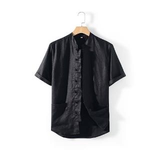 【米蘭精品】現貨+預購 亞麻襯衫短袖上衣(簡約復古純色舒適男上衣5色74ev3)