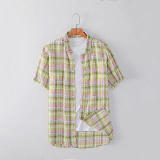 【米蘭精品】現貨+預購 亞麻襯衫短袖上衣(格子清爽寬鬆休閒男上衣74ev33)