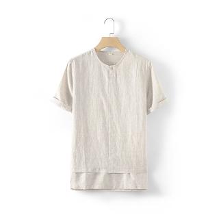 【米蘭精品】現貨+預購 亞麻T恤短袖上衣(休閒前短後長寬鬆男上衣3色74ev16)