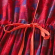 【ACheter】V領氣質復古顯瘦棉麻碎花系帶收腰v領蘆麻感七分袖連身裙長版洋裝#118288(紅/藍)