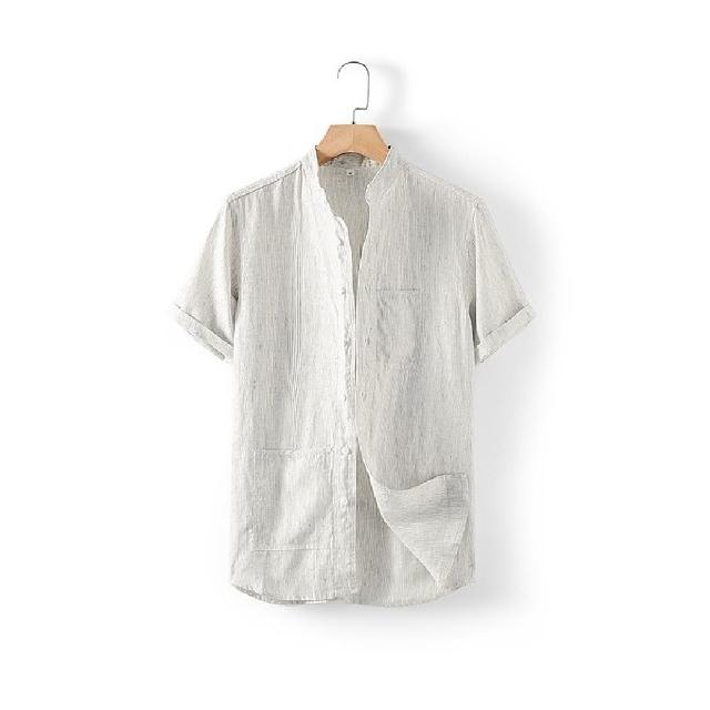 【米蘭精品】現貨+預購 亞麻襯衫短袖上衣(休閒立領口袋條紋男上衣3色74ev26)