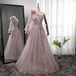 【女神婚紗禮服】極致性感單肩羽毛優雅宴會晚禮服 LA71689(新娘 主持人)
