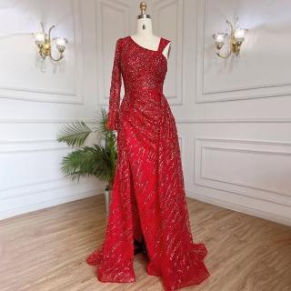 【女神婚紗禮服】極致輕奢單肩開叉魚尾宴會晚禮服 LA71527 紅色(晚宴服 聚會禮服)