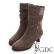【GDC】個性-絨布真皮水鑽拉鍊粗跟中筒靴-可可色(626480)