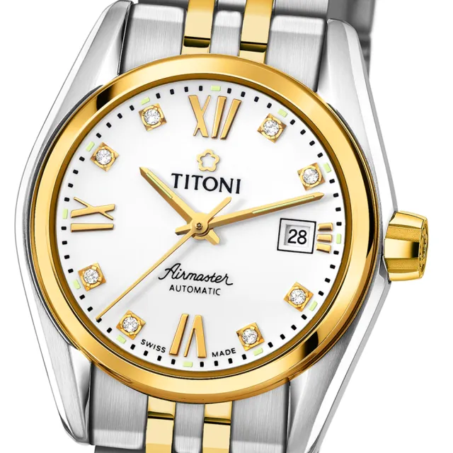 【TITONI 瑞士梅花錶】Airmaster 空中霸王系列-白色錶盤不鏽鋼間金色錶帶/27mm(23909 SY-063)