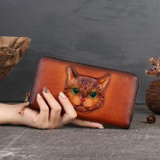 【米蘭精品】現貨+預購 長夾真皮錢包(植鞣牛皮貓咪壓花女皮夾3色74ei12)