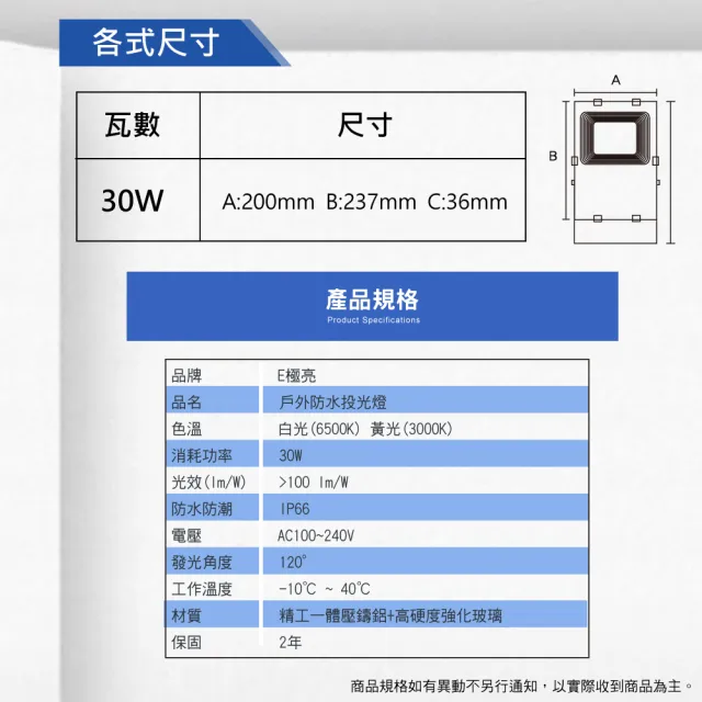 【E極亮】LED 30W 戶外投射燈 防水投光燈 IP66 全電壓 白光 黃光 1入組(LED 30W 投射燈 投光燈)