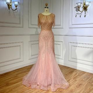 【女神婚紗禮服】高階粉色流蘇修身魚尾宴會晚禮服 LA71843(媽媽服 婚宴服)