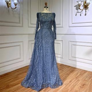 【女神婚紗禮服】極致奢華亮片法式魚尾宴會晚禮服 LA71833 藍色(主持人 表演禮服)