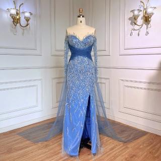 【女神婚紗禮服】極致優雅輕奢開叉顯瘦宴會晚禮服 LA71809 藍色(主持人 新娘)