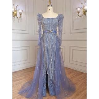 【女神婚紗禮服】高階時尚輕奢性感開衩宴會晚禮服 LA71678 灰藍色(派對 主持人)