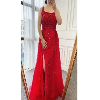 【女神婚紗禮服】高階法式輕奢氣質開衩宴會晚禮服 LA70765 紅色(新娘 新娘服)