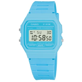 【CASIO 卡西歐】方形造型 百搭繽紛 計時碼錶 LED照明 鬧鈴 電子數位 橡膠手錶 淡藍色 33mm(F-91WC-2A)