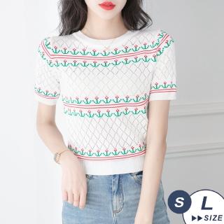 【LANNI 藍尼】★菱格花朵刺繡針織衫(春夏/三分袖上衣/圓領針織衫/薄針織)