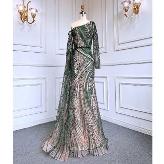 【女神婚紗禮服】極致性感單肩魚尾宴會晚禮服 LA71771 綠色(主持人 表演禮服)