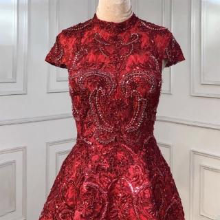 【女神婚紗禮服】高階新款大氣禮服裙平時可穿宴會晚禮服 LA70227 酒紅色短袖齊地(敬酒服 主持人)