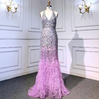 【女神婚紗禮服】極致性感掛脖羽毛修身宴會晚禮服 LA71736(婚宴服 主持人)