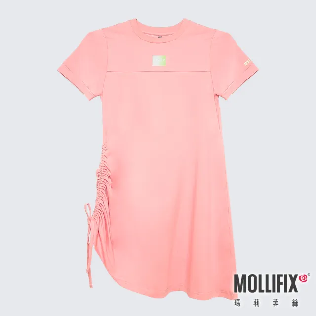 【Mollifix 瑪莉菲絲】活力LOGO側抽皺長版連身裙_KIDS、瑜珈服、瑜珈裙、連身裙(橘粉)