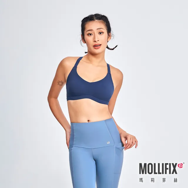 【Mollifix 瑪莉菲絲】微V領可調肩運動內衣、瑜珈服、無鋼圈、開運內衣(經典藍)