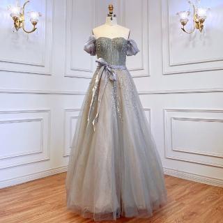 【女神婚紗禮服】高階甜美一字肩繫帶氣質宴會晚禮服 LA71745 灰紫(訂婚禮服 表演禮服)