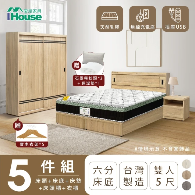 IHouse 品田 房間5件組 雙人5尺(床頭箱+6分底+床墊+床頭櫃+衣櫃)