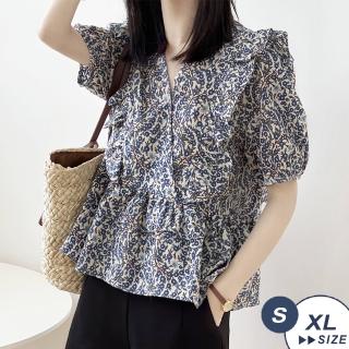 【LANNI 藍尼】★時尚洋氣薄款短袖碎花上衣(V領/襯衫/短袖)