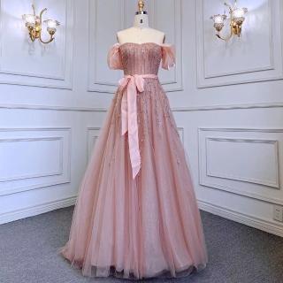 【女神婚紗禮服】高階甜美一字肩繫帶氣質宴會晚禮服 LA71745 粉色(訂婚禮服 表演禮服)