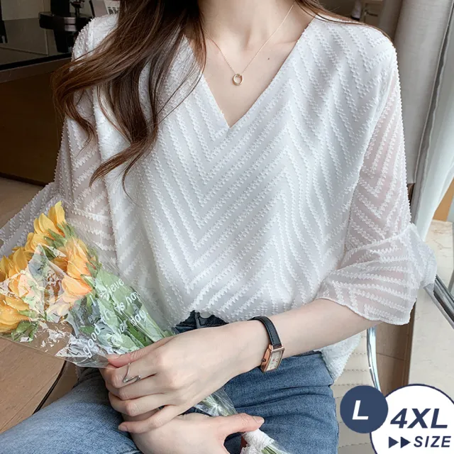 【LANNI 藍尼】●現貨出清 寬鬆優雅夏季半短袖雪紡襯衫(春夏/短袖/五分袖/V領/售完不補)