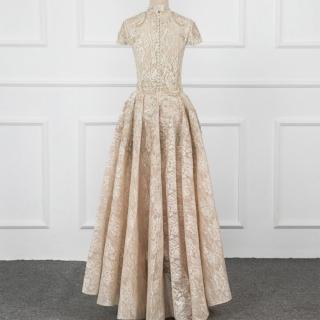 【女神婚紗禮服】高階新款大氣禮服裙平時可穿宴會晚禮服 LA70227 香檳金短袖齊地(敬酒服 主持人)