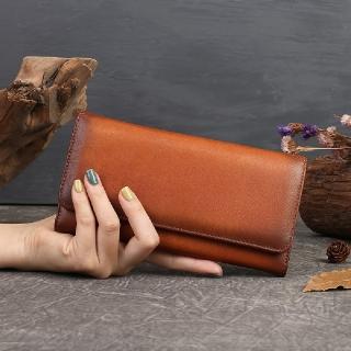 【米蘭精品】現貨+預購 長夾真皮錢包(牛皮復古簡約壓扣女皮夾4色74ei6)