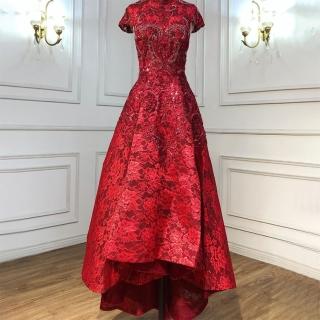 【女神婚紗禮服】高階新款大氣禮服裙平時可穿宴會晚禮服 LA70227 酒紅色短袖短款(敬酒服 主持人)