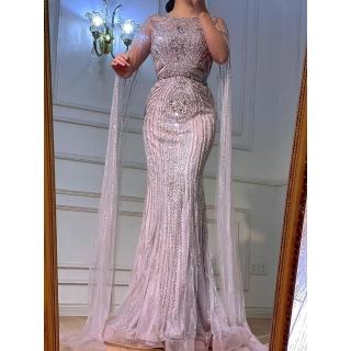 【女神婚紗禮服】高階新款飄袖氣場女王裙宴會晚禮服 LA70638 粉色(聚會禮服 主持人)