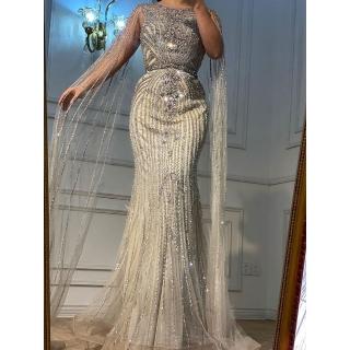 【女神婚紗禮服】高階新款飄袖氣場女王裙宴會晚禮服 LA70638 棕色(聚會禮服 主持人)
