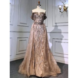 【女神婚紗禮服】高階一字肩禮服裙氣質女神宴會晚禮服 LA71593 焦糖色(主持人 酒會)