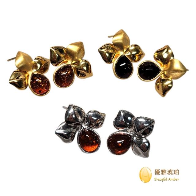 【優雅琥珀】來自波羅地海 俏麗三葉草 琥珀耳環(水滴面琥珀  925純銀鍍白金色/金色 耳環)
