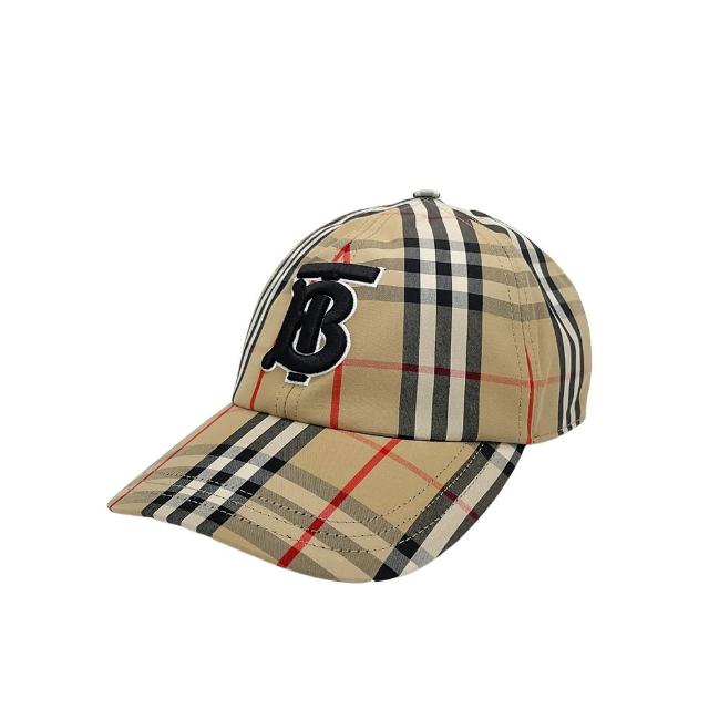 【BURBERRY 巴寶莉】TB 刺繡黑Logo格紋棉質棒球帽(8068032-卡其)