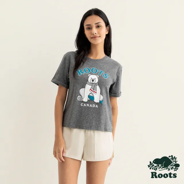【Roots】Roots女裝-動物派對系列 绒布動物純棉短袖T恤(灰色)