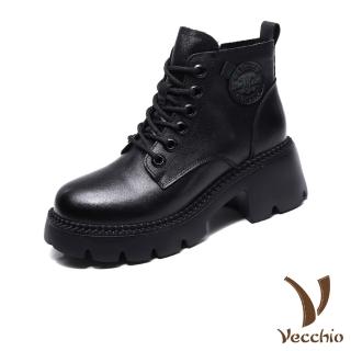 【Vecchio】真皮短靴 粗跟短靴/全真皮頭層牛皮復古時尚防水臺粗跟百搭馬丁短靴(黑)