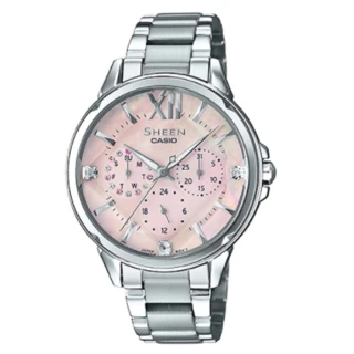 【CASIO 卡西歐 SHEEN 系列】珍珠母錶面_不鏽鋼錶帶_三眼顯示_指針女錶(SHE-3056D)