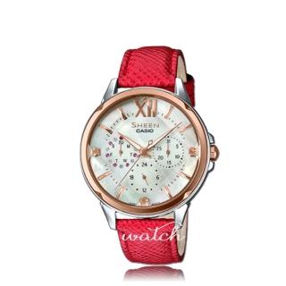 【CASIO 卡西歐 SHEEN 系列】珍珠母錶面 皮革錶帶 三眼顯示 指標女錶(SHE-3056GL)
