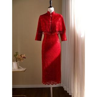 【女神婚紗禮服】高階紅色披肩氣質旗袍宴會晚禮服 2197(新娘服 訂婚禮服)