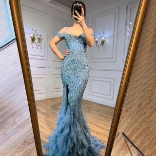 【女神婚紗禮服】高階新款羽毛輕奢開叉魚尾宴會晚禮服LA71650A 藍色(晚宴服 年會主持人)