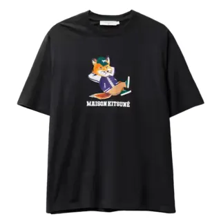 【Maison Kitsune】翹腳狐狸印花LOGO 黑色 棉質 圓領 短袖 T-SHIRT(KM00103KJ0008P199)